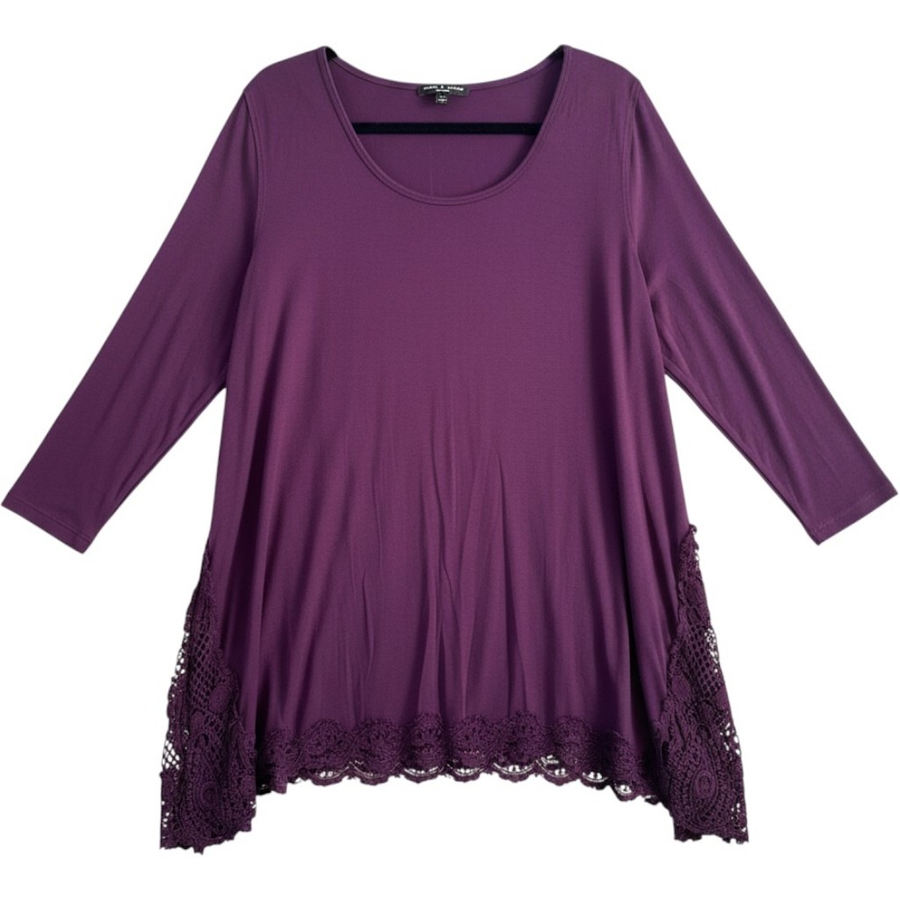 Cable & Gauge Woman Purple Crochet Lace Trim Tunic Top Plus Size 2X Long Sleeve